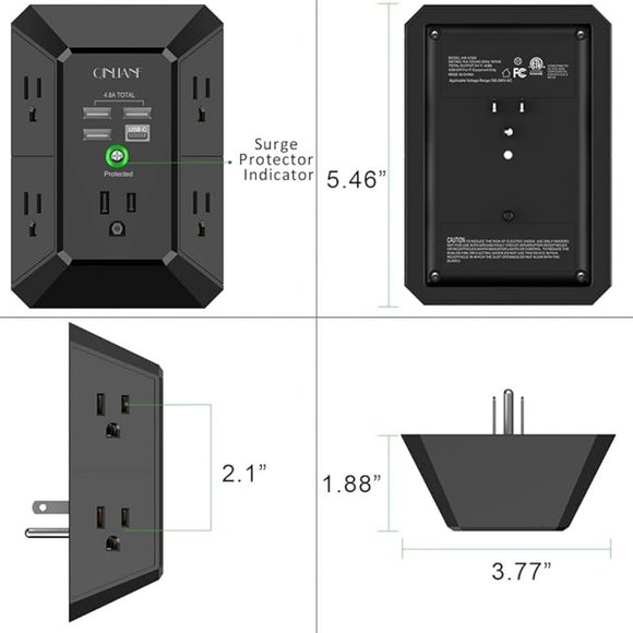 USB Wall Charger, Surge Protector, 5 Outlet Extender - Picture 4 of 6